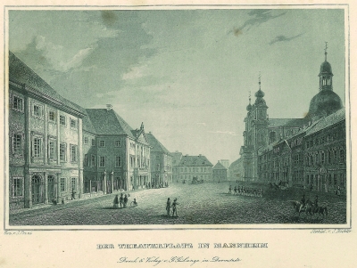 La place du théâtre à Mannheim, gravure sur acier de Johann Carl August Richter, d'après Giacomo Pozzi, vers 1840.
