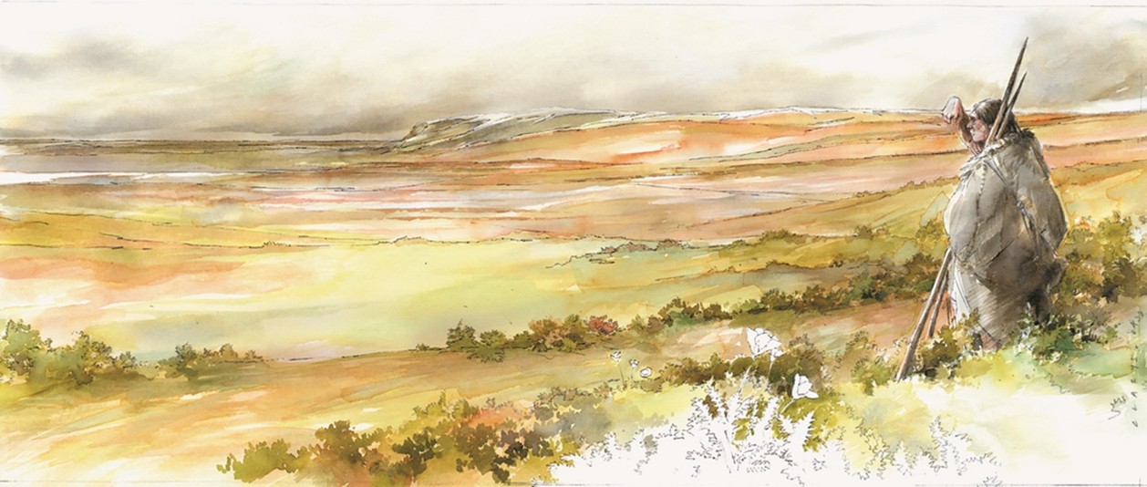 Aquarelle représentant un paysage glaciaire inspiré de la période glaciaire.
