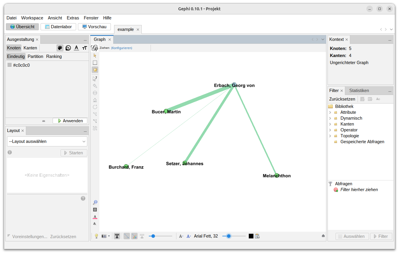 Visualisierung des gewichteten Graphen des Briefnetzwerks von Georg von Erbach in Gephi
